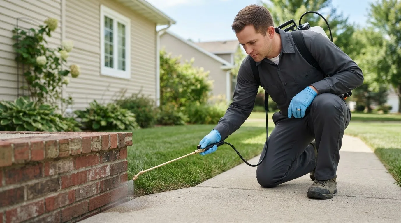 Pest control technician treating a home near Lolita, TX