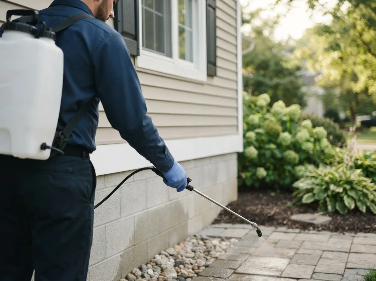 Pest control technician inspecting a home in Lolita, TX